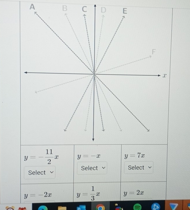 A B
y=- 11/2 x y=-x y=7x
Select Select
Select
y=-2x y= 1/3 x y=2x