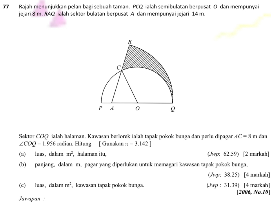 Rajah menunjukkan pelan bagi sebuah taman. PCQ ialah semibulatan berpusat O dan mempunyai 
jejari 8 m. RAQ ialah sektor bulatan berpusat A dan mempunyai jejari 14 m. 
Sektor COQ ialah halaman. Kawasan berlorek ialah tapak pokok bunga dan perlu dipagar AC=8m dan
∠ COQ=1.956 radian. Hitung [ Gunakan π =3.142]
(a) luas, dalam m^2 , halaman itu, (Jwp: 62.59) [2 markah] 
(b) panjang, dalam m, pagar yang diperlukan untuk memagari kawasan tapak pokok bunga, 
(Jwp: 38.25) [4 markah] 
(c) luas, dalam m^2 , kawasan tapak pokok bunga. (Jwp : 31.39) [4 markah] 
[2006, No.10] 
Jawapan :