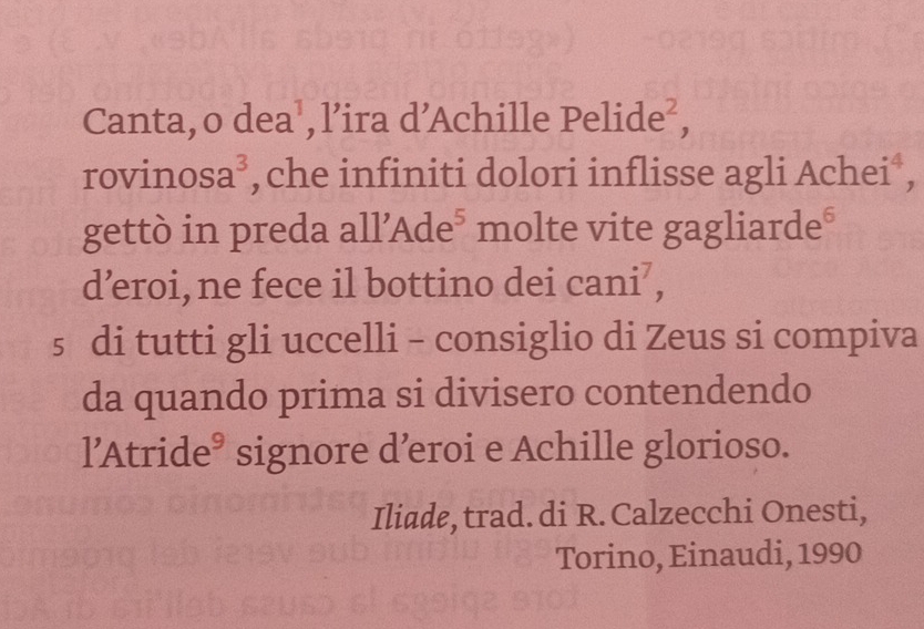 Canta,o dea', l’ira d’Achille Pe lide^2 
rovinos sa° , che infiniti dolori inflisse agli Achei , 
gettò in preda all'Ade^5 molte vite gagliard e^6. 
d’eroi,ne fece il bottino dei cani’, 
s di tutti gli uccelli - consiglio di Zeus si compiva 
da quando prima si divisero contendendo 
l’Atride° signore d’eroi e Achille glorioso. 
Iliade, trad. di R. Calzecchi Onesti, 
Torino, Einaudi, 1990