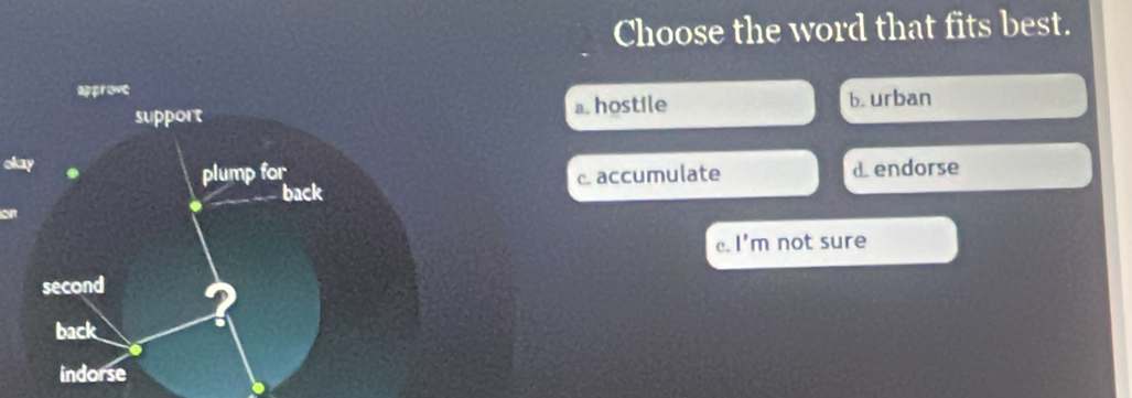 Choose the word that fits best.
a. hostile b. urban
okayd endorse
c. accumulate
on
e. 1' m not sure