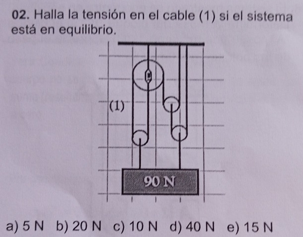 Halla la tensión en el cable (1) si el sistema
está en equilibrio.
a) 5 N b) 20 N c) 10 N d) 40 N e) 15 N