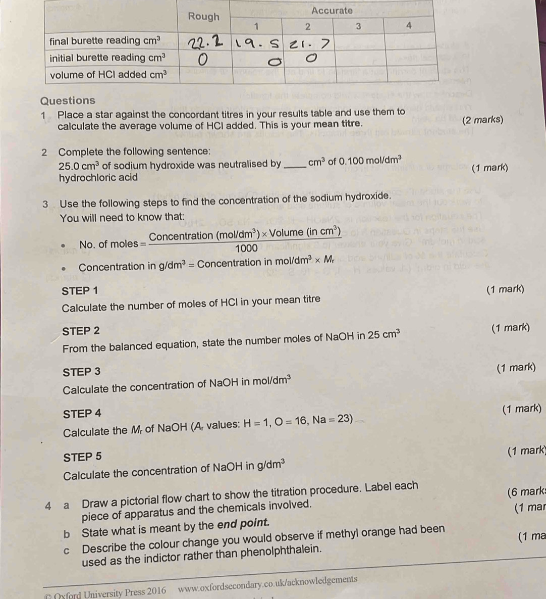 Place a star against the concordant titres in your results table and use them to
calculate the average volume of HCI added. This is your mean titre. (2 marks)
2 Complete the following sentence:
25.0cm^3 of sodium hydroxide was neutralised by_ cm^3 of 0.100mol/dm^3
hydrochloric acid (1 mark)
3 Use the following steps to find the concentration of the sodium hydroxide.
You will need to know that:
No. o fmoles= (Concentration(mol/dm^3)* Volume(incm^3))/1000 
Concentration in g/dm^3= Concer ntration in mol/dm^3* M_r
STEP 1 (1 mark)
Calculate the number of moles of HCI in your mean titre
STEP 2
From the balanced equation, state the number moles of NaOH in 25cm^3
(1 mark)
STEP 3
Calculate the concentration of NaOH in mol/dm^3 (1 mark)
STEP 4
Calculate the M, of NaOH (A, values: H=1,O=16,Na=23) (1 mark)
STEP 5
Calculate the concentration of NaOH in g/dm^3 (1 mark)
4 a Draw a pictorial flow chart to show the titration procedure. Label each
piece of apparatus and the chemicals involved. (6 mark
bState what is meant by the end point. (1 mar
c Describe the colour change you would observe if methyl orange had been
(1 ma
used as the indictor rather than phenolphthalein.
@ Oxford University Press 2016 www.oxfordsecondary.co.uk/acknowledgements