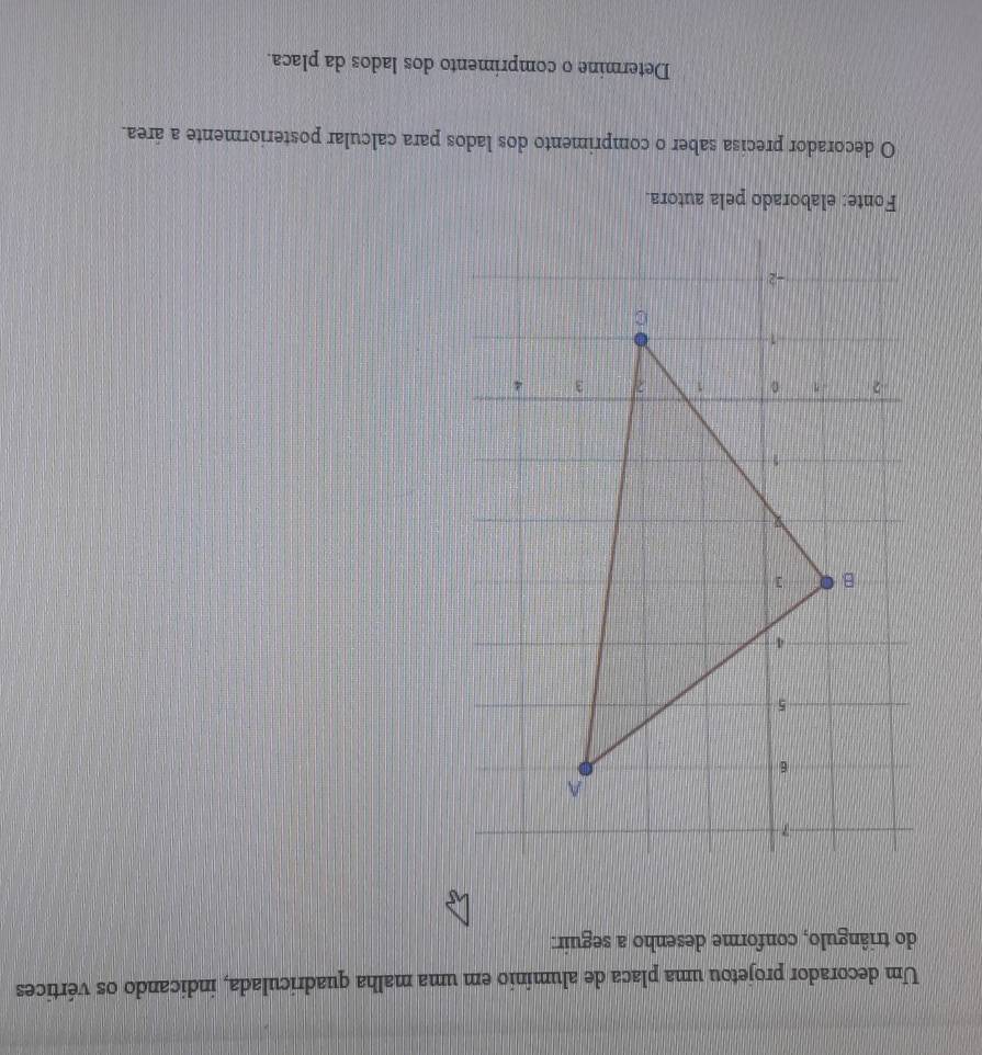 Um decorador projetou uma placa de alumínio em uma malha quadriculada, indicando os vértices 
do triângulo, conforme desenho a seguir: 
Fonte: elaborado pela autora. 
O decorador precisa saber o comprimento dos lados para calcular posteriormente a área. 
Determine o comprimento dos lados da placa.