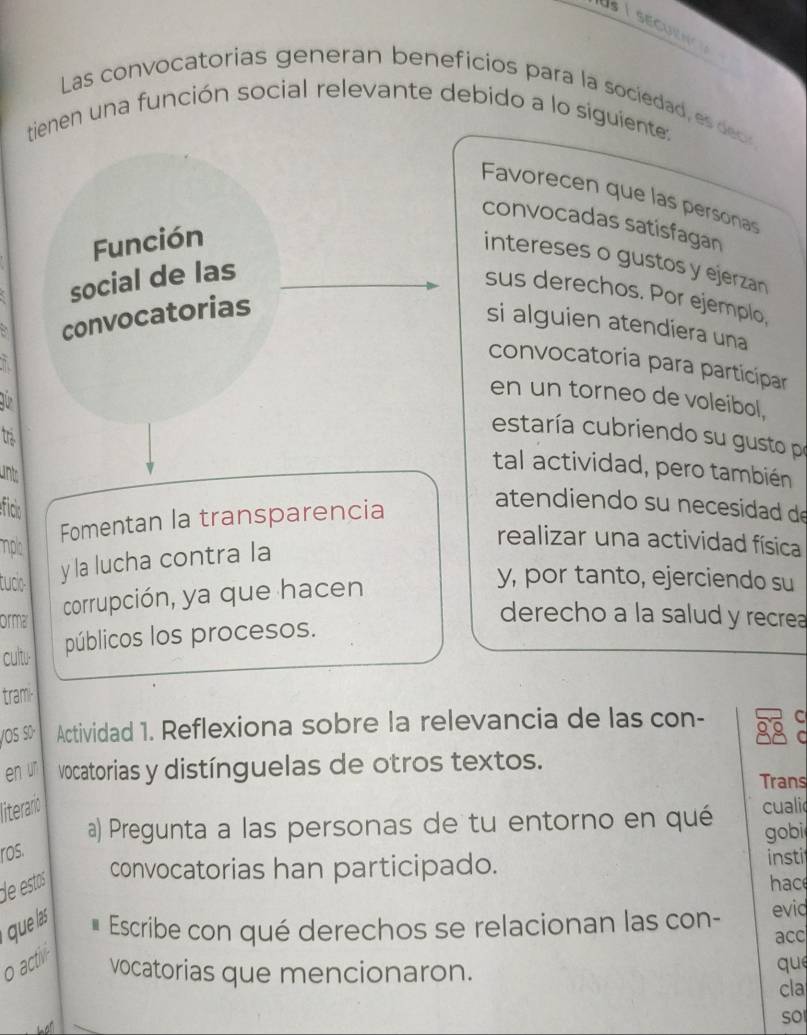 Las convocatorias generan beneficios para la sociedad, es deo 
tienen una función social relevante debido a lo siguiente: 
Favorecen que las personas 
convocadas satisfagan 
Función 
intereses o gustos y ejerzan 
social de las 
sus derechos. Por ejemplo, 
convocatorias 
si alguien atendíera una 
convocatoria para particípar 
en un torneo de voleibol, 
tr 
estaría cubriendo su gusto po 
unts 
tal actividad, pero también 
efico 
Fomentan la transparencia 
atendiendo su necesidad de 
mplc 
tuclo- y la lucha contra la 
realizar una actividad física 
corrupción, ya que hacen 
y, por tanto, ejerciendo su 
Orma 
derecho a la salud y recrea 
cultu 
públicos los procesos. 
tram- 
VOS S0· Actividad 1. Reflexiona sobre la relevancia de las con- c 
C 
en un vocatorias y distínguelas de otros textos. 
Trans 
literaro cuali 
a) Pregunta a las personas de tu entorno en qué gobi 
ros. 
convocatorias han participado. insti 
de estas hac 
que as Escribe con qué derechos se relacionan las con- evid 
acc 
o activ 
vocatorias que mencionaron. que 
cla 
so