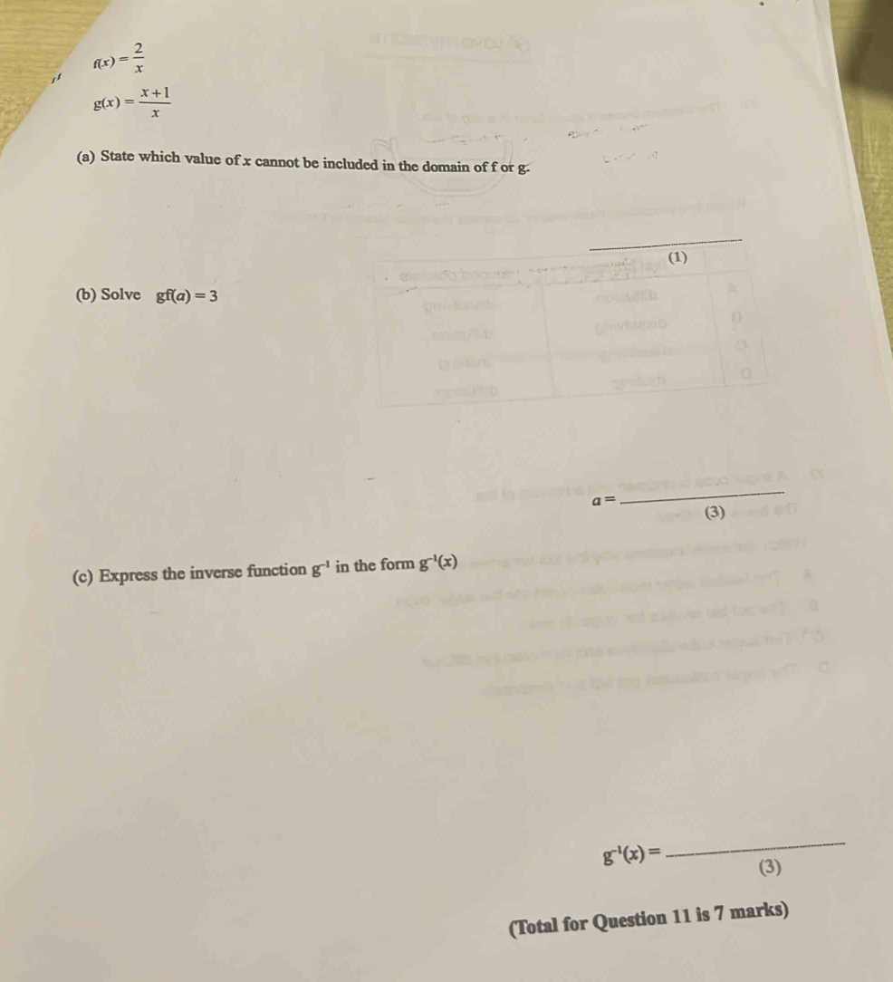 f(x)= 2/x 
g(x)= (x+1)/x 
(a) State which value of x cannot be included in the domain of f or g. 
(b) Solve gf(a)=3
a=
_ 
(3) 
(c) Express the inverse function g^(-1) in the form g^(-1)(x)
g^(-1)(x)=
_ 
(3) 
(Total for Question 11 is 7 marks)