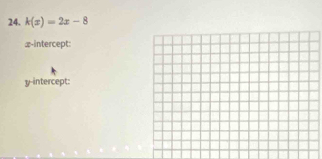 k(x)=2x-8
x-intercept: 
y-intercept: