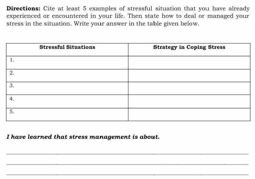 Directions: Cite at least 5 examples of stressful situation that you have already 
experienced or encountered in your life. Then state how to deal or managed your 
stress in the situation. Write your answer in the table given below. 
I have learned that stress management is about. 
_ 
_ 
_