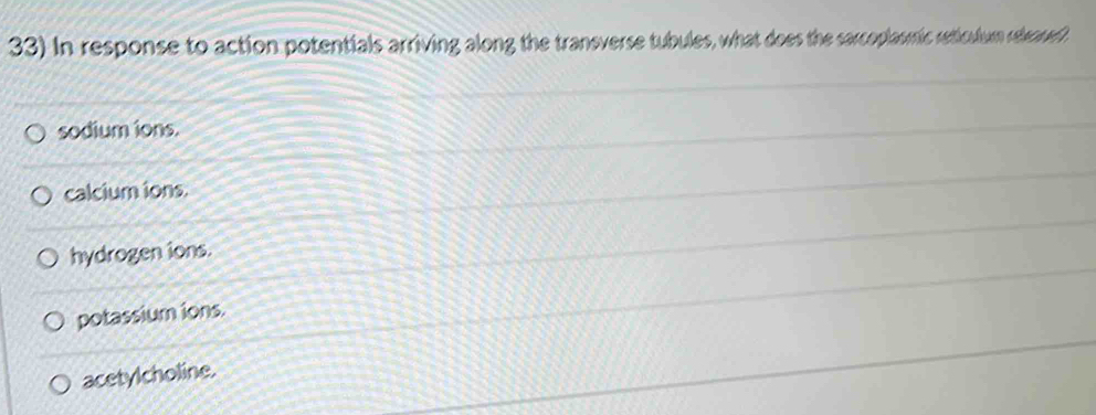 In response to action potentials arriving along the traneverse tubules, what does the sarcoplasmic reticulum released.
sodium ions.
calcium ions.
hydrogen ions.
potassium ions.
acetylcholine.