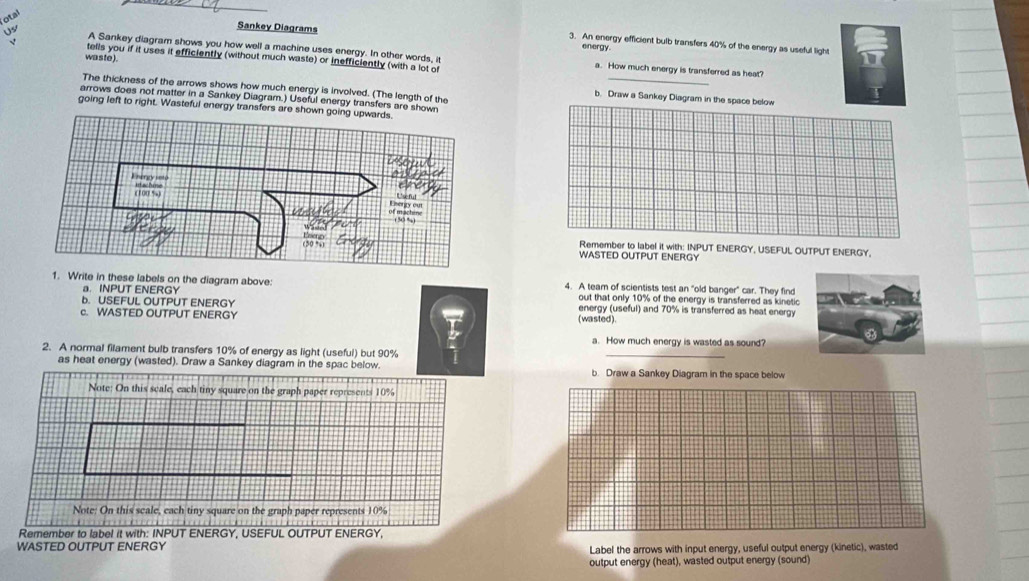 otal 
Sankey Diagrams 
3. An energy efficient bulb transfers 40% of the energy as useful light 
Us A Sankey diagram shows you how well a machine uses energy. In other words, it 
energy. 
√ tells you if it uses it efficiently (without much waste) or inefficiently (with a lot of 
waste). 
_ 
a. How much energy is transferred as heat? 
The thickness of the arrows shows how much energy is involved. (The length of the 
b. Draw a Sankey Diagram in the space below 
arrows does not matter in a Sankey Diagram.) Useful energy transfers are shown 
going left to right. Wasteful energy transfers are shown going u 
Remember to label it with: INPUT ENERGY, USEFUL OUTPUT ENERGY, 
WASTED OUTPUT ENERGY 
1. Write in these labels on the diagram above: 4. A team of scientists test an "old banger" car. They find 
a. INPUT ENERGY out that only 10% of the energy is transferred as kinetic 
b. USEFUL OUTPUT ENERGY energy (useful) and 70% is transferred as heat energy 
c. WASTED OUTPUT ENERGY (wasted) 
a. How much energy is wasted as sound? 
2. A normal filament bulb transfers 10% of energy as light (useful) but 90%
_ 
as heat energy (wasted). Draw a Sankey diagram in the spac below. b. Draw a Sankey Diagram in the space below 
Note: On this scale, each tiny square on the graph paper represents 10%
Note: On this scale, each tiny square on the graph paper represents 10%
Remember to label it with: INPUT ENERGY, USEFUL OUTPUT ENERGY, 
WASTED OUTPUT ENERGY 
Label the arrows with input energy, useful output energy (kinetic), wasted 
output energy (heat), wasted output energy (sound)