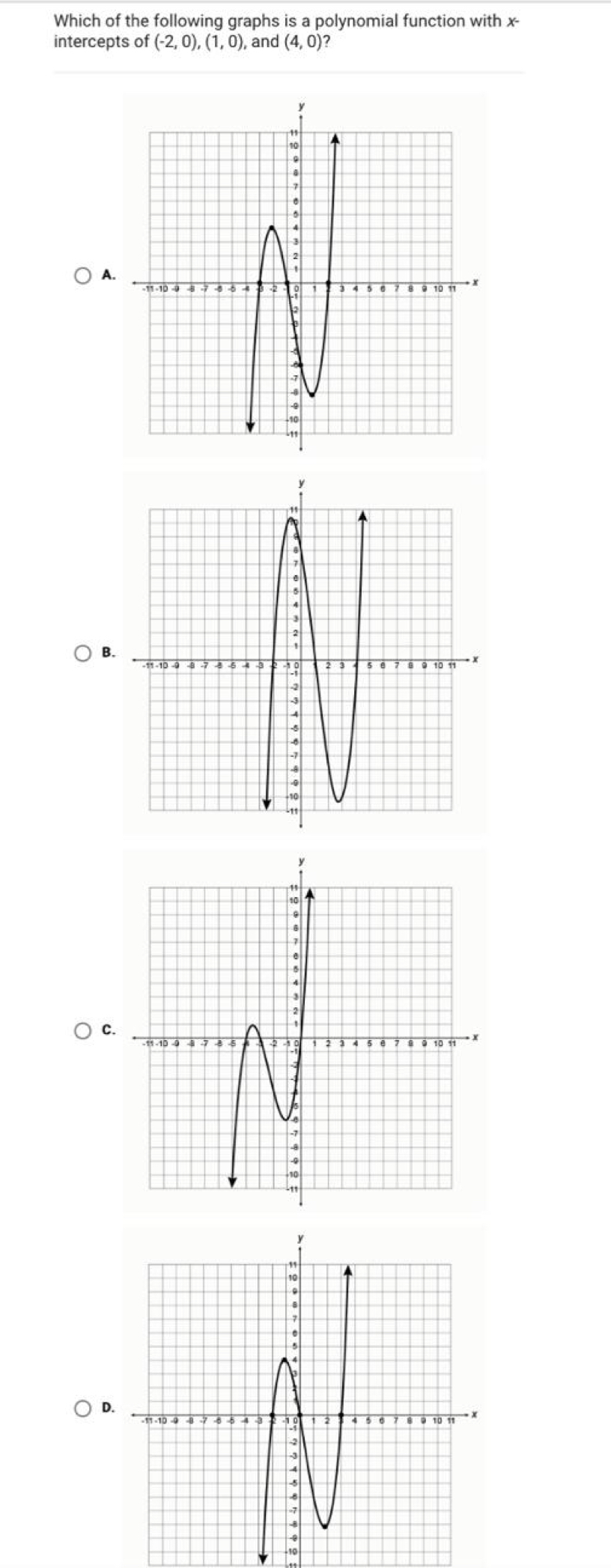 Which of the following graphs is a polynomial function with x - 
intercepts of (-2,0), (1,0) , and (4,0) ? 
c