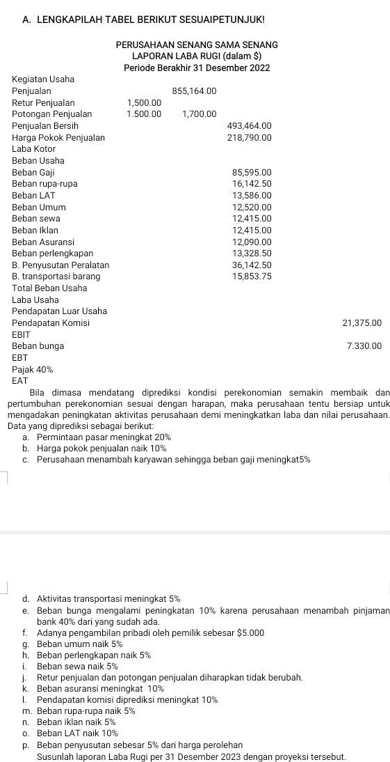 LENGKAPILAH TABEL BERIKUT SESUAIPETUNJUK!
PERUSAHAAN SENANG SAMA SENANG
LAPORAN LABA RUGI (dalam $)
Periode Berakhir 31 Desember 2022
Kegiatan Usaha
Penjualan 855,164.00
Retur Penjualan 1.500.00
Potongan Penjualan 1.500.00 1,700.00
Penjualan Bersih 493,464.00
Harga Pokok Penjualan 218,790.00
Laba Kotor
Beban Usaha
Beban Gaji 85,595.00
Beban rupa-rupa 16,142.50
Beban LAT 13,586.00
Beban Umum 12.520.00
Beban sewa 12,415.00
Beban Iklan 12,415.00
Beban Asuransi 12,090.00
Beban perlengkapan 13,328.50
B. Penyusutan Peralatan 36,142.50
B. transportasi barang 15,853.75
Total Beban Usaha
Laba Usaha
Pendapatan Luar Usaha
Pendapatan Komisi 21,375.00
EBIT
Beban bunga
EBT 7.330.00
Pajak 40%
EAT
Bila dimasa mendatang diprediksi kondisi perekonomian semakin membaik dan
pertumbuhan perekonomian sesuai dengan harapan, maka perusahaan tentu bersiap untuk
mengadakan peningkatan aktivitas perusahaan demi meningkatkan laba dan nilai perusahaan.
Data yang diprediksi sebagai berikut:
a. Permintaan pasar meningkat 20%
b. Harga pokok penjualan naik 10%
c. Perusahaan menambah karyawan sehingga beban gaji meningkat5%
d. Aktivitas transportasi meningkat 5%
e. Beban bunga mengalami peningkatan 10% karena perusahaan menambah pinjaman
bank 40% dari yang sudah ada.
f. Adanya pengambilan pribadi oleh pemilik sebesar $5.000
g. Beban umum naik 5%
h. Beban perlengkapan naik 5%
i. Beban sewa naik 5%
j. Retur penjualan dan potongan penjualan diharapkan tidak berubah.
k. Beban asuransi meningkat 10%
I. Pendapatan komisi diprediksi meningkat 10%
m. Beban rupa-rupa naik 5%
n. Beban iklan naik 5%
o. Beban LAT naik 10%
p. Beban penyusutan sebesar 5% dari harga perolehan
Susunlah laporan Laba Ruqi per 31 Desember 2023 dengan proyeksi tersebut.