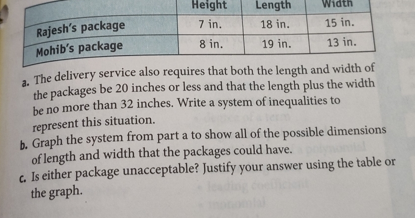 The delivery service also requires that both the length and 
the packages be 20 inches or less and that the length plus the width 
be no more than 32 inches. Write a system of inequalities to 
represent this situation. 
b. Graph the system from part a to show all of the possible dimensions 
of length and width that the packages could have. 
c. Is either package unacceptable? Justify your answer using the table or 
the graph.