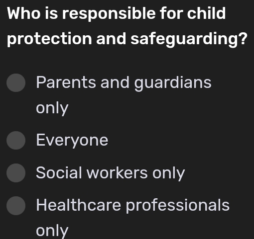 Who is responsible for child
protection and safeguarding?
Parents and guardians
only
Everyone
Social workers only
Healthcare professionals
only