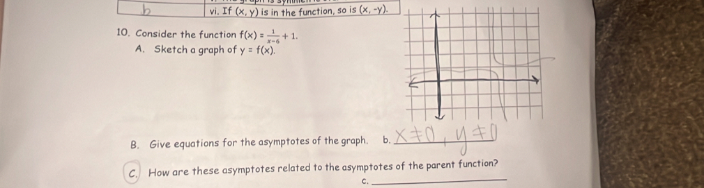 vi, If (x,y) is in the function, so is (x,-y). 
10. Consider the function f(x)= 1/x-6 +1. 
A. Sketch a graph of y=f(x). 
B. Give equations for the asymptotes of the graph. b._ 
C. How are these asymptotes related to the asymptotes of the parent function? 
C. 
_