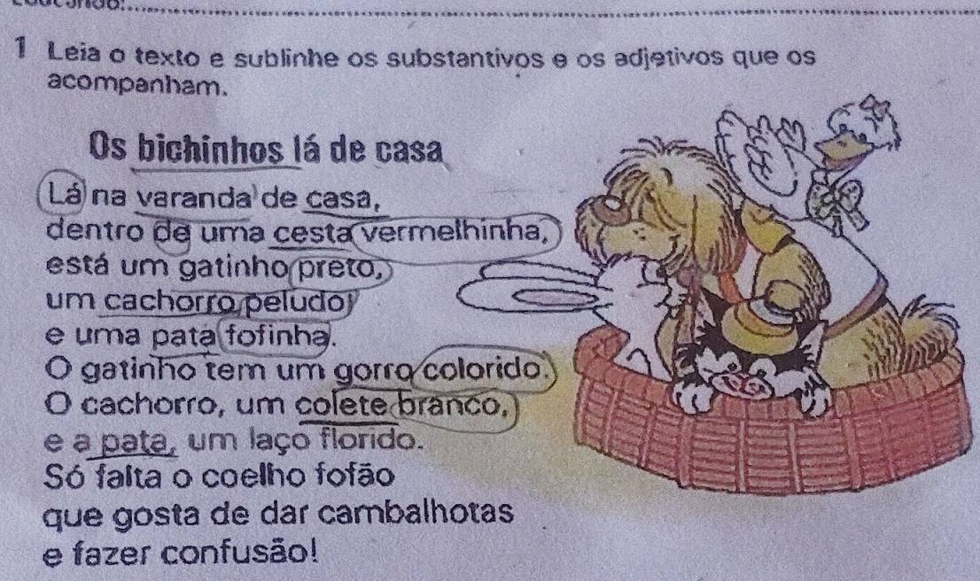 Leia o texto e sublinhe os substantivos e os adjetivos que os 
acompanham. 
Os bichinhos lá de casa 
Lá na varanda de casa, 
dentão de uma cesta vermelhínha, 
está um gatinho preto, 
um cachorro peludo 
e uma pata fofinha. 
O gatinho tem um gorro colorido. 
O cachorro, um colete branco, 
e a pata, um laço florido. 
Só falta o coelho fofão 
que gosta de dar cambalhotas 
e fazer confusão!