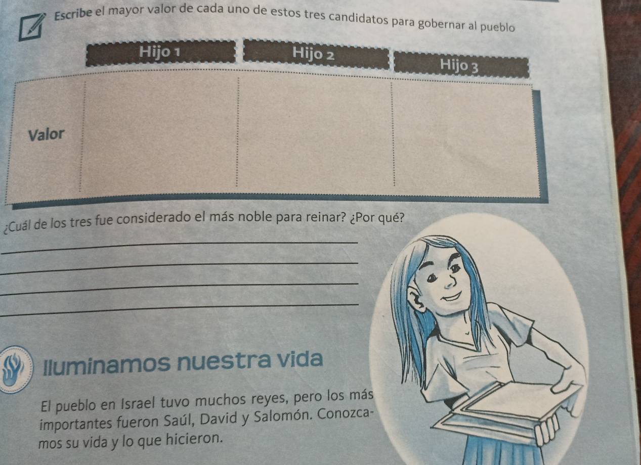 Escribe el mayor valor de cada uno de estos tres candidatos para gobernar 
_ 
¿Cuál de los tres fue considerado el más noble para reinar? ¿Por qué? 
_ 
_ 
_ 
Iluminamos nuestra vida 
El pueblo en Israel tuvo muchos reyes, pero los más 
importantes fueron Saúl, David y Salomón. Conozca- 
mos su vida y lo que hicieron.