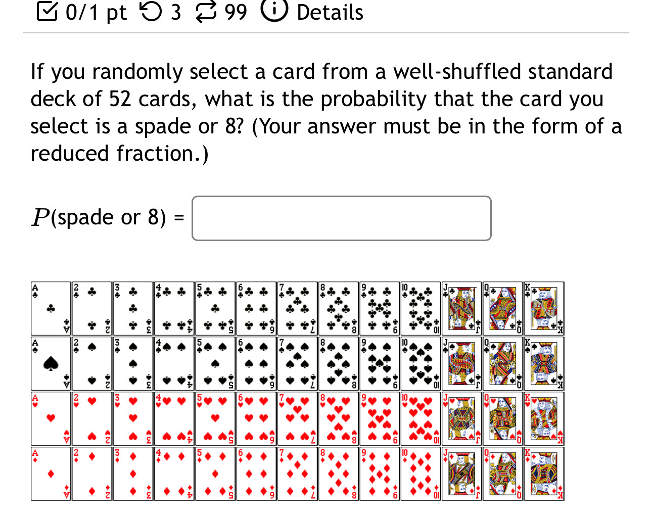 つ 3 99 Details 
If you randomly select a card from a well-shuffled standard 
deck of 52 cards, what is the probability that the card you 
select is a spade or 8? (Your answer must be in the form of a 
reduced fraction.)
P(spade or 8) =□