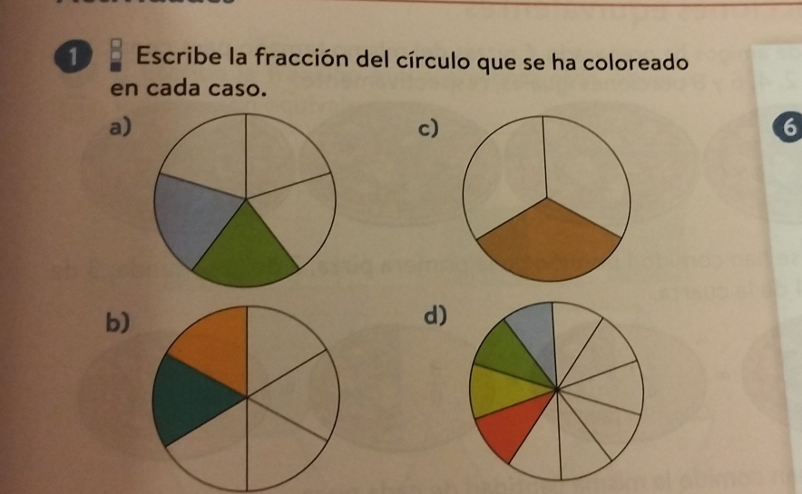 Escribe la fracción del círculo que se ha coloreado 
en cada caso. 
a) 
c) 
6 
b) 
d)