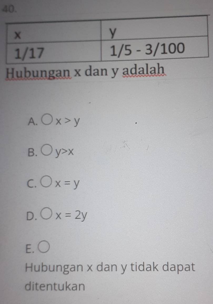 Hubungan x dan y adalah
A. bigcirc x>y
B. bigcirc y>x
C. bigcirc x=y
D. bigcirc x=2y
E. bigcirc
Hubungan x dan y tidak dapat
ditentukan