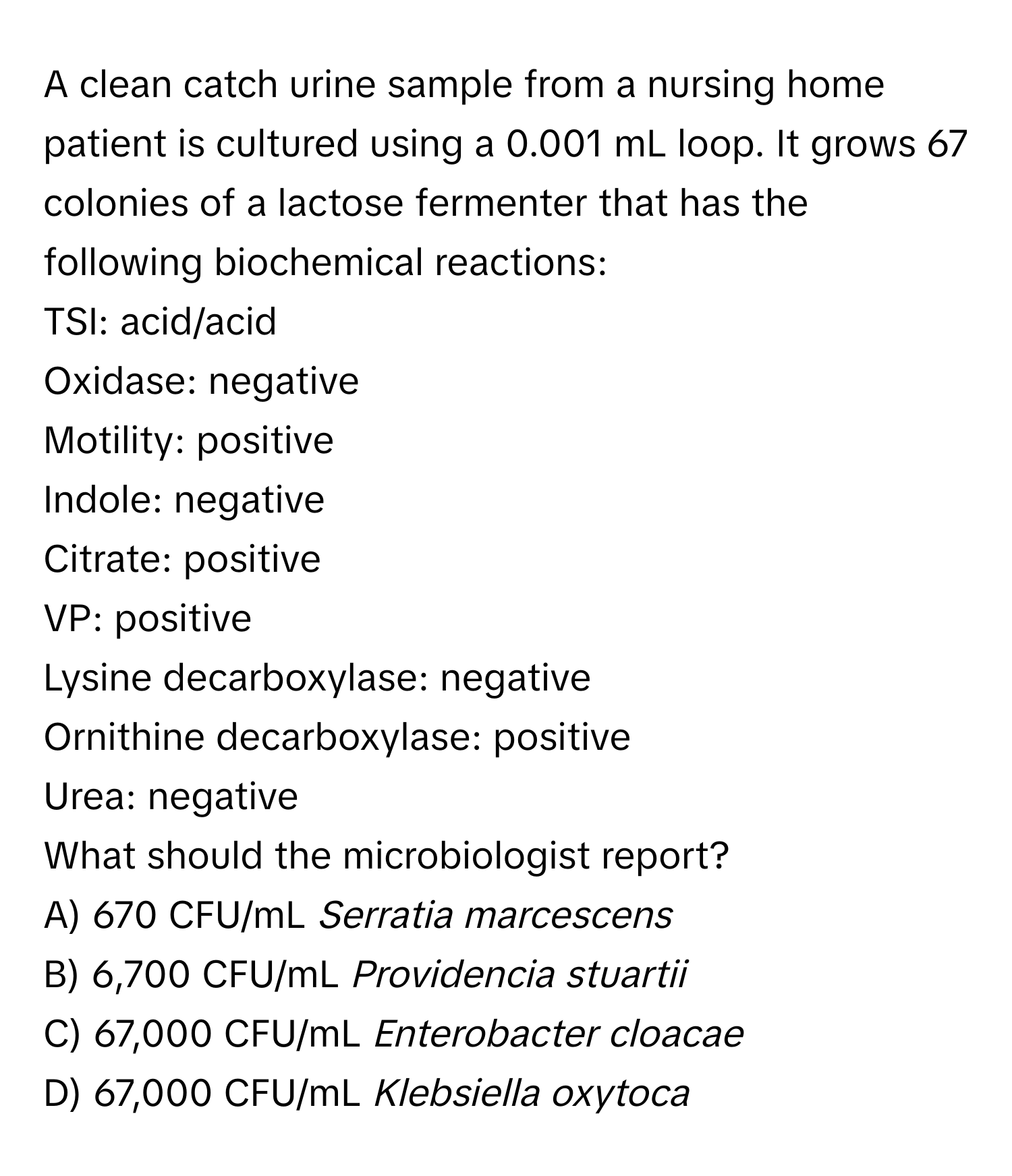 A clean catch urine sample from a nursing home patient is cultured using a 0.001 mL loop. It grows 67 colonies of a lactose fermenter that has the following biochemical reactions:

TSI: acid/acid
Oxidase: negative
Motility: positive
Indole: negative
Citrate: positive
VP: positive
Lysine decarboxylase: negative
Ornithine decarboxylase: positive
Urea: negative

What should the microbiologist report?

A) 670 CFU/mL *Serratia marcescens*
B) 6,700 CFU/mL *Providencia stuartii*
C) 67,000 CFU/mL *Enterobacter cloacae*
D) 67,000 CFU/mL *Klebsiella oxytoca*