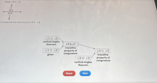 Prove. ∠ 3≌ ∠ 4
Complete the flow chart to prove ∠ 3 ∠ 4
4 ∠ 3
vertical angles 
theorem ∠ 2 o ∠ 3
transitive
∠ 1 property of ∠ 3≌ ∠ 4
given congruence 
transitive
∠ 2≌ ∠ 4 property of 
vertical angles congruence 
theorem 
Reset Next