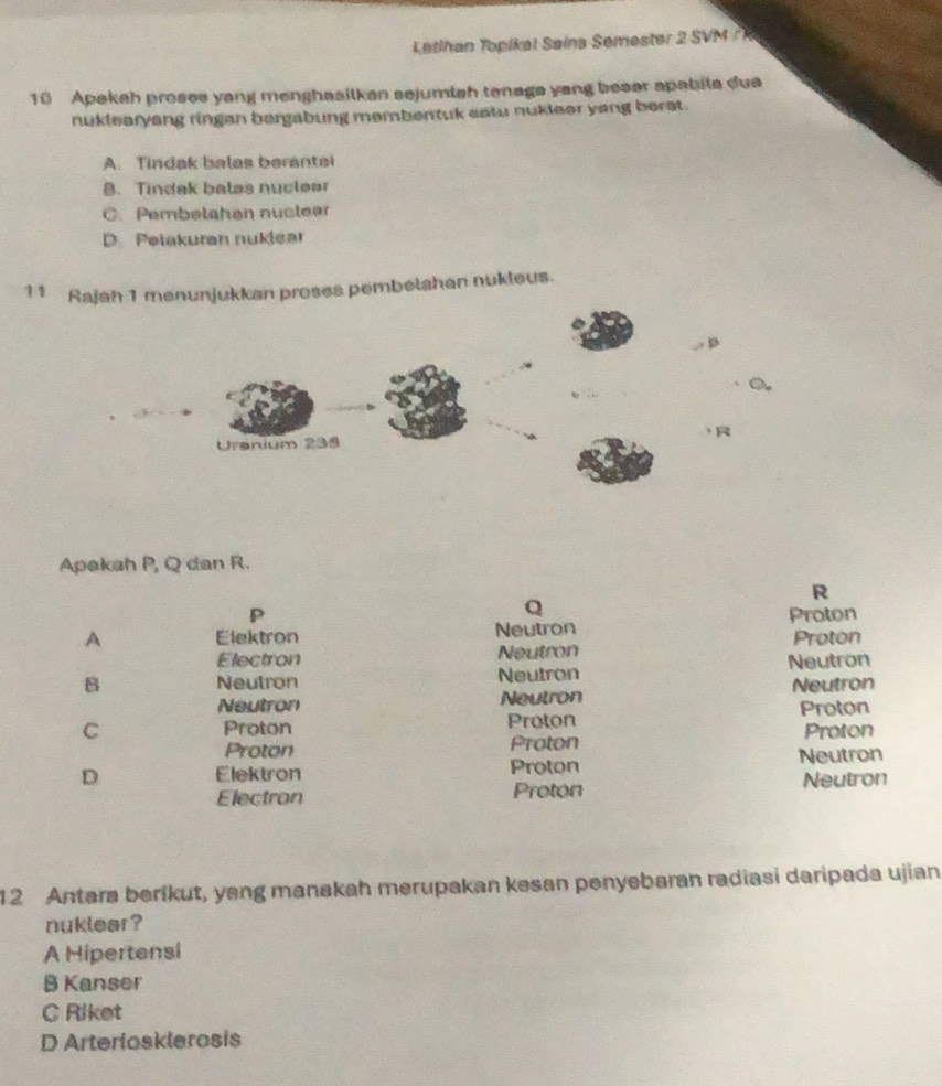 Letihan Topikal Saina Semester 2 SVM R
10 Apekah proses yang menghasilkan sejumlah tenags yang beser apabila dua
nuklearyang ringan bergabung membentuk satu nukieer yang berst.
A. Tindak balas berantai
B. Tindak batas nuclear
C. Pembetahen nucteer
D. Pelakuran nukiear
11 Rajah 1 menunjukkan proses pembelahan nukleus.
，
Uranium 238
Apakah P, Q dan R.
R
Q
P Proton
A Elektron Neutron Proton
Electron Neutron
B Neutron Neutron Neutron
Neutron Neutron Neutron
Proton
C Proton Proton
Proton Proton Proton
D Elektron Proton Neutron
Electron Proton Neutron
12 Antara berikut, yang manakah merupakan kəsan penyebaran radiasi daripada ujian
nuklear ?
A Hipertensi
B Kanser
C Riket
D Arteriosklerosis