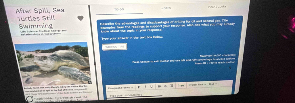 After Spill, Sea TO-DO NOTES VOCABULARY 
Turtles Still 
Swimming Describe the advantages and disadvantages of drilling for oil and natural gas. Cite 
Life Science Studies: Energy and examples from the readings to support your response. Also cite what you may already 
Relationships in Ecosystems know about the topic in your response. 
Type your answer in the text box below. 
WRITING TIPS 
Maximum 10,000 characters 
Press Escape to exit toolbar and use left and right arrow keys to access options 
Press Alt + F10 to reach toolbar 
A study found that many Kemp's ridley sea turtles, like this Pragraph Frames B I U I Copy System Font √ 12pt √ 
one survived an oll spill in the Gutf of Mexico. Image credic 
NPS Pholol NPS Staff Division of Ses Turtle Science and Recovery 
Nearly hidden by brownish sand, the Type your response here 
Kemp's ridlev sea turtle digs furiously