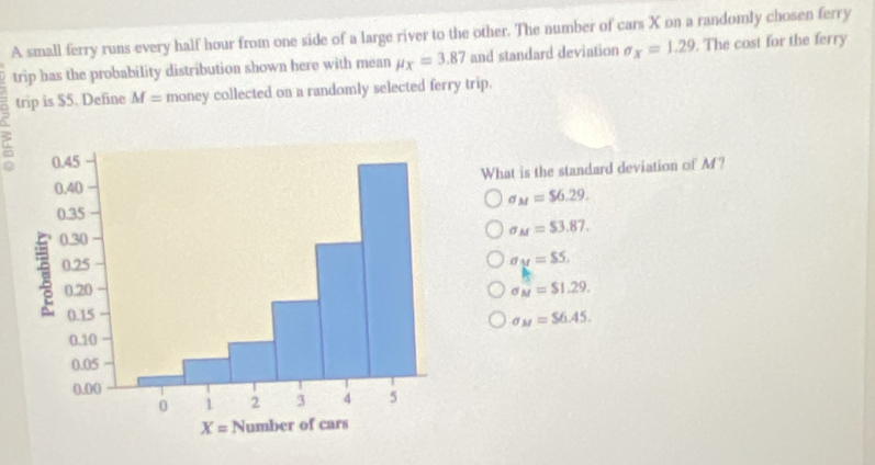 A small ferry runs every half hour from one side of a large river to the other. The number of cars X on a randomly chosen ferry
trip has the probability distribution shown here with mean mu _X=3.87 and standard deviation sigma _x=1.29. The cost for the ferry
trip is $5. Define M= money collected on a randomly selected ferry trip.
What is the standard deviation of M?
sigma _M=$6.29.
sigma _M=$3.87.
sigma _y=$=$,
sigma _M=$1.29.
sigma _M=$6.45.