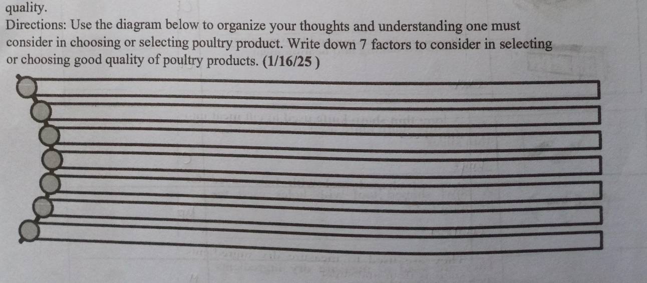 quality. 
Directions: Use the diagram below to organize your thoughts and understanding one must 
consider in choosing or selecting poultry product. Write down 7 factors to consider in selecting 
or choosing good quality of poultry products. (1/16/25 )