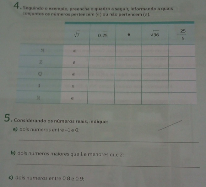 4 . Seguindo o exemplo, preencha o quadro a seguir, informando a quais
conjuntos os números pertencem (ε) ou não pertencem (¢).
5 . considerando os números reais, indique:
a) dois números entre −1 e 0:
_
b) dois números maiores que 1 e menores que 2:
_
) dois números entre 0,8 e 0,9: