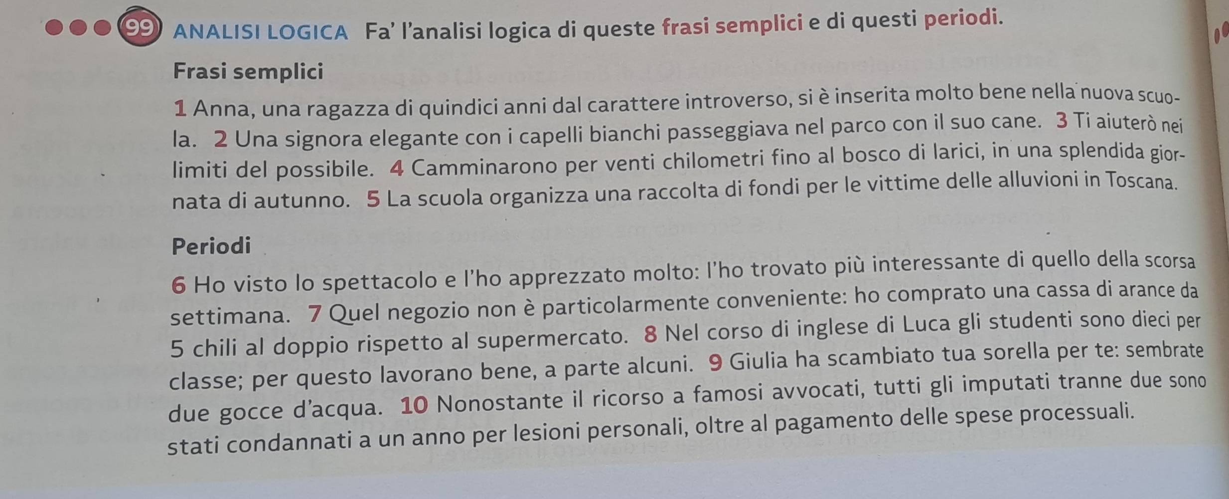 ANALISI LOGICA Fa’ l’analisi logica di queste frasi semplici e di questi periodi. 
Frasi semplici 
1 Anna, una ragazza di quindici anni dal carattere introverso, si è inserita molto bene nella nuova scuo- 
la. 2 Una signora elegante con i capelli bianchi passeggiava nel parco con il suo cane. 3 Ti aiuterò nei 
limiti del possibile. 4 Camminarono per venti chilometri fino al bosco di larici, in una splendida gior- 
nata di autunno. 5 La scuola organizza una raccolta di fondi per le vittime delle alluvioni in Toscana. 
Periodi 
6 Ho visto lo spettacolo e l’ho apprezzato molto: l’ho trovato più interessante di quello della scorsa 
settimana. 7 Quel negozio non è particolarmente conveniente: ho comprato una cassa di arance da 
5 chili al doppio rispetto al supermercato. 8 Nel corso di inglese di Luca gli studenti sono dieci per 
classe; per questo lavorano bene, a parte alcuni. 9 Giulia ha scambiato tua sorella per te: sembrate 
due gocce d’acqua. 10 Nonostante il ricorso a famosi avvocati, tutti gli imputati tranne due sono 
stati condannati a un anno per lesioni personali, oltre al pagamento delle spese processuali.