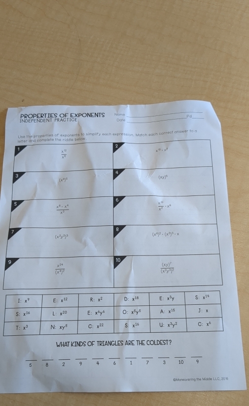 Po_
InDEPENDENT PRActIge PROPERTIES OF EXPONENTS Name Date_
exponents to simplify each expression. Match each correct answer to a
WHAT KINDS OF TRIANGLES ARE THE COLDEST?
_
__
_
_
__
_
_
_
_
5 - 8 2 9 6 1 7 3 10 9
Moneuvering the Middle LLC, 2016