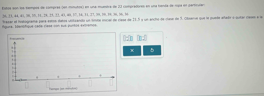 Estos son los tiempos de compras (en minutos) en una muestra de 22 compradores en una tienda de ropa en particular:
26, 23, 44, 41, 38, 35, 31, 28, 25, 22, 43, 40, 37, 34, 31, 27, 39, 39, 39, 36, 36, 36
Trazar el histograma para estos datos utilizando un límite inicial de clase de 21.5 y un ancho de clase de 5. Observe que le puede añadir o quitar clases a la 
figura. Identifique cada clase con sus puntos extremos.
□ beginarrayr + to endarray □ □ □ □ =□
×