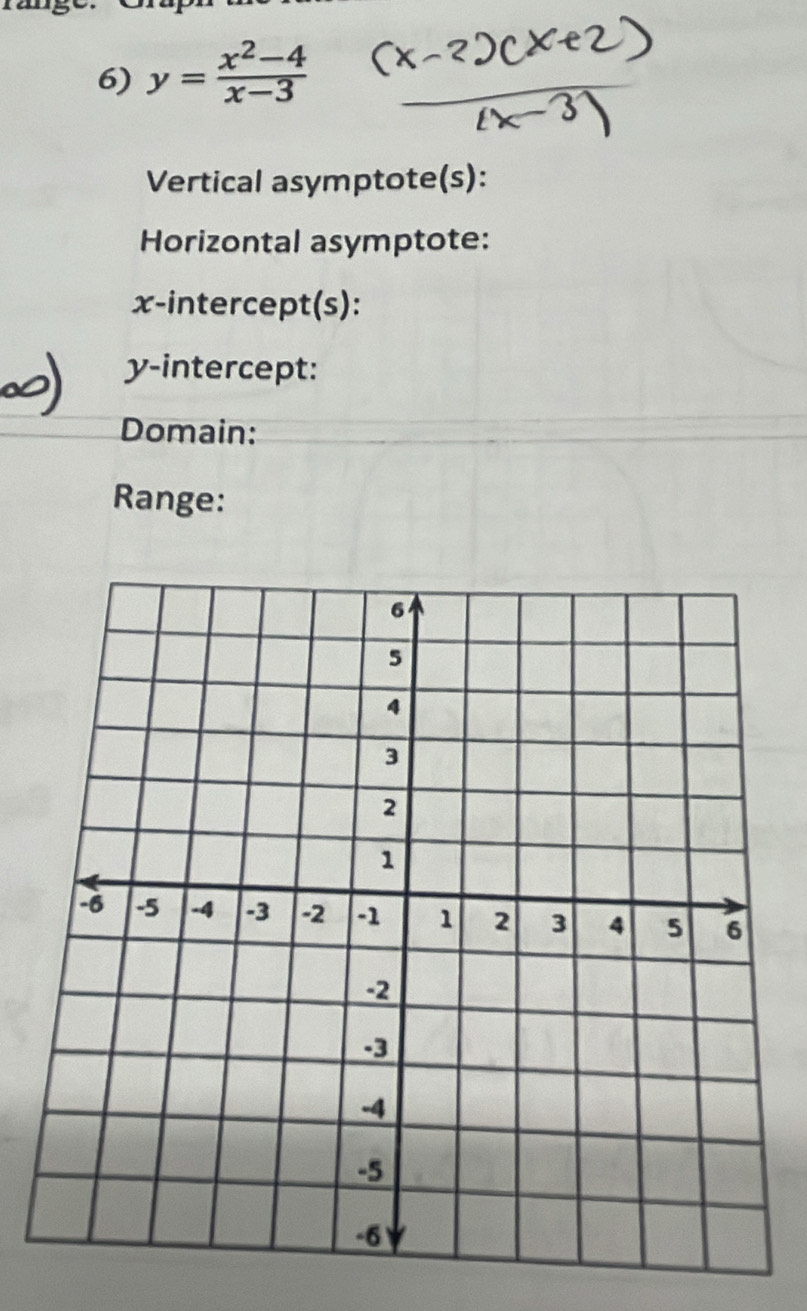 y= (x^2-4)/x-3 
Vertical asymptote(s): 
Horizontal asymptote: 
x-intercept(s): 
y-intercept: 
Domain: 
Range: