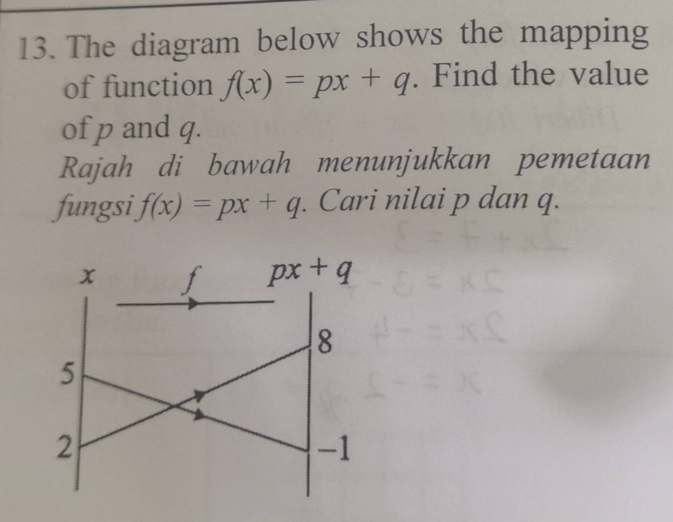 The diagram below shows the mapping
of function f(x)=px+q. Find the value
of p and q.
Rajah di bawah menunjukkan pemetaan
fungsi f(x)=px+q. Cari nilai p dan q.