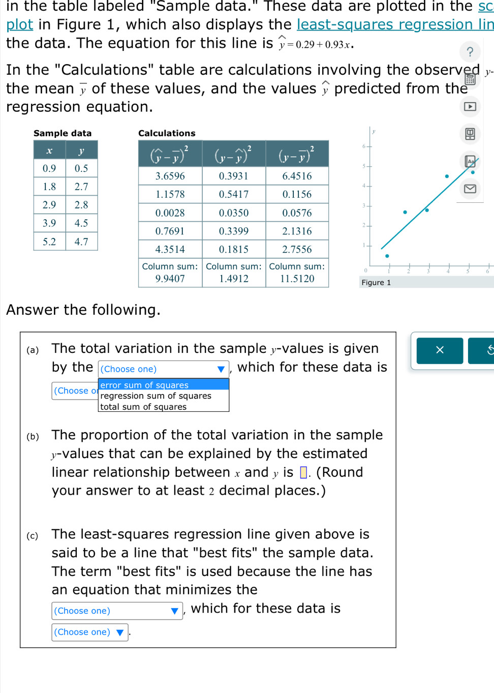 in the table labeled "Sample data." These data are plotted in the so
plot in Figure 1, which also displays the least-squares regression lin
the data. The equation for this line is widehat y=0.29+0.93x.
?
In the "Calculations" table are calculations involving the observed V
the mean , of these values, and the values $ predicted from the
regression equation.
 
6
Answer the following.
(a) The total variation in the sample y-values is given × 6
by the (Choose one) which for these data is
error sum of squares
(Choose or regression sum of squares
total sum of squares
(b) The proportion of the total variation in the sample
y-values that can be explained by the estimated.
linear relationship between x and » is α. (Round
your answer to at least 2 decimal places.)
(c) The least-squares regression line given above is
said to be a line that "best fits" the sample data.
The term "best fits" is used because the line has
an equation that minimizes the
(Choose one) which for these data is
(Choose one)