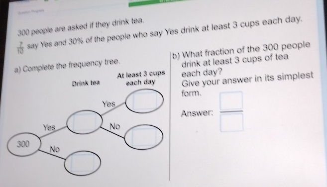 Catel Pognes
300 people are asked if they drink tea.
 7/10  say Yes and 30% of the people who say Yes drink at least 3 cups each day. 
mplete the frequency tree. b) What fraction of the 300 people 
drink at least 3 cups of tea 
ach day? 
Give your answer in its simplest 
orm. 
nswer:  □ /□  