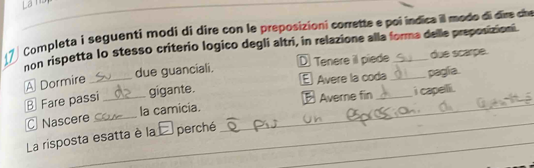 Lan 
Completa i seguenti modi di dire con le preposizioni corrette e poi indica il modo di dire che 
non rispetta lo stesso criterio logico deglí altri, in relazione alla forma delle preposizion 
due guanciali. D Tenere il píede_ due scarpe. 
A Dormire_ 
E Avere la coda pagía. 
_ 
Averne fin_ i capeli 
Fare passi _gigante. 
C Nascere _la camicia. 
La risposta esatta è la . perché_ 
_ 
_ 
_