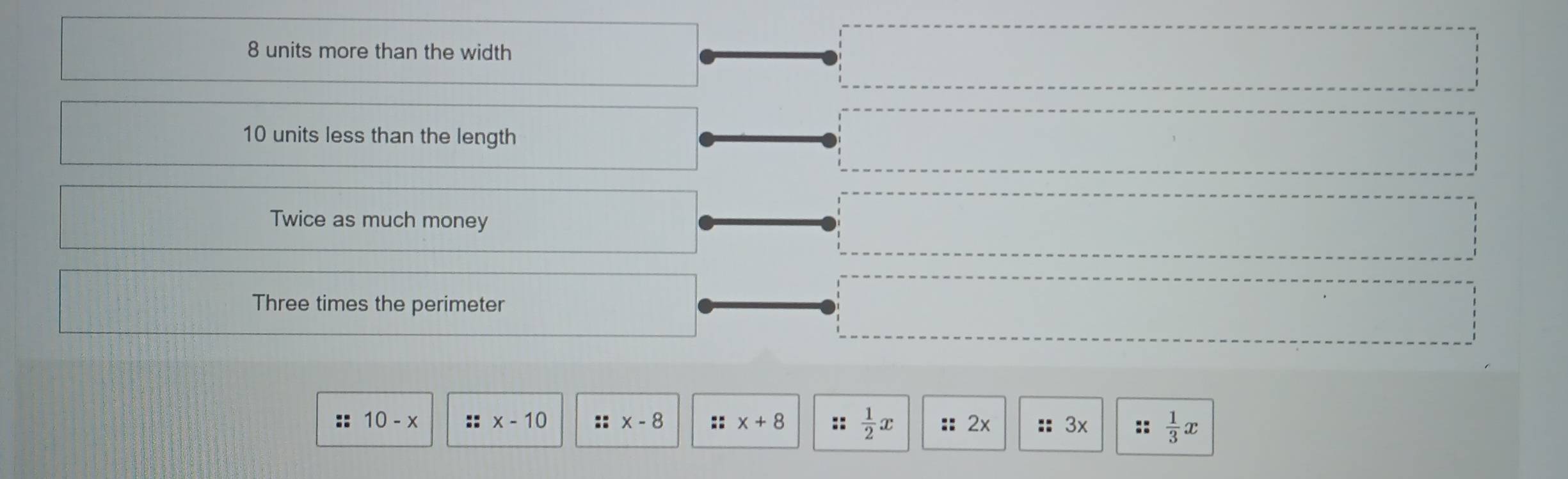 8 units more than the width
10 units less than the length
Twice as much money
Three times the perimeter
:: 10-x :: x-10 ::x-8 :: x+8 :: 1/2 x :: 2x :: 3x ::  1/3 x