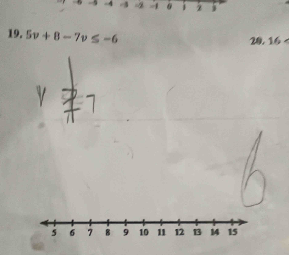 4 -2 -1 0 j 2 3
19. 5v+8-7v≤ -6
20. 16