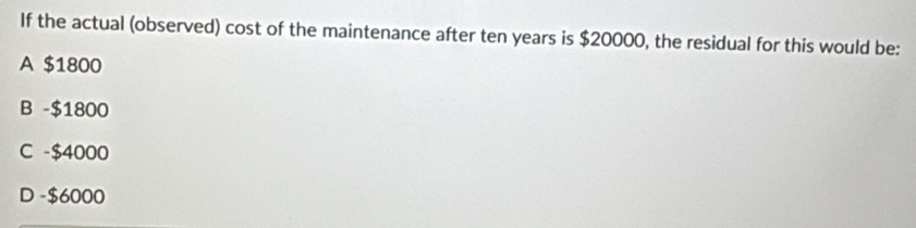 If the actual (observed) cost of the maintenance after ten years is $20000, the residual for this would be:
A $1800
B -$1800
C -$4000
D -$6000