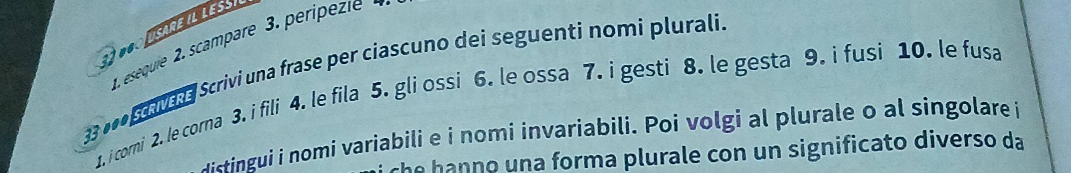 eséquie 2. scampare 3. peripeze 
33 •** Scava Scrivi una frase per ciascuno dei seguenti nomi plurali. 
1. i cormi 2. le corna 3. i fili 4. le fila 5. gli ossi 6. le ossa 7. i gesti 8. le gesta 9. i fusi 10. le fusa 
dtingui i nomi variabili e i nomi invariabili. Poi volgi al plurale o al singolare i 
e rm a p lura e con un significato diverso da