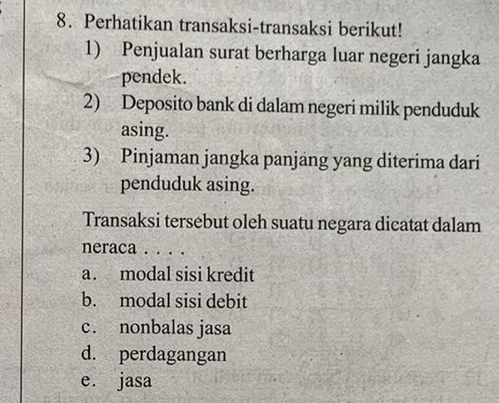 Perhatikan transaksi-transaksi berikut!
1) Penjualan surat berharga luar negeri jangka
pendek.
2) Deposito bank di dalam negeri milik penduduk
asing.
3) Pinjaman jangka panjang yang diterima dari
penduduk asing.
Transaksi tersebut oleh suatu negara dicatat dalam
neraca . . . .
a. modal sisi kredit
b. modal sisi debit
c. nonbalas jasa
d. perdagangan
e. jasa