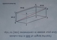 Find the length of BH in this cuboid. 
Give your answer in centimetres (cm) to 1 d.p. 
accarately