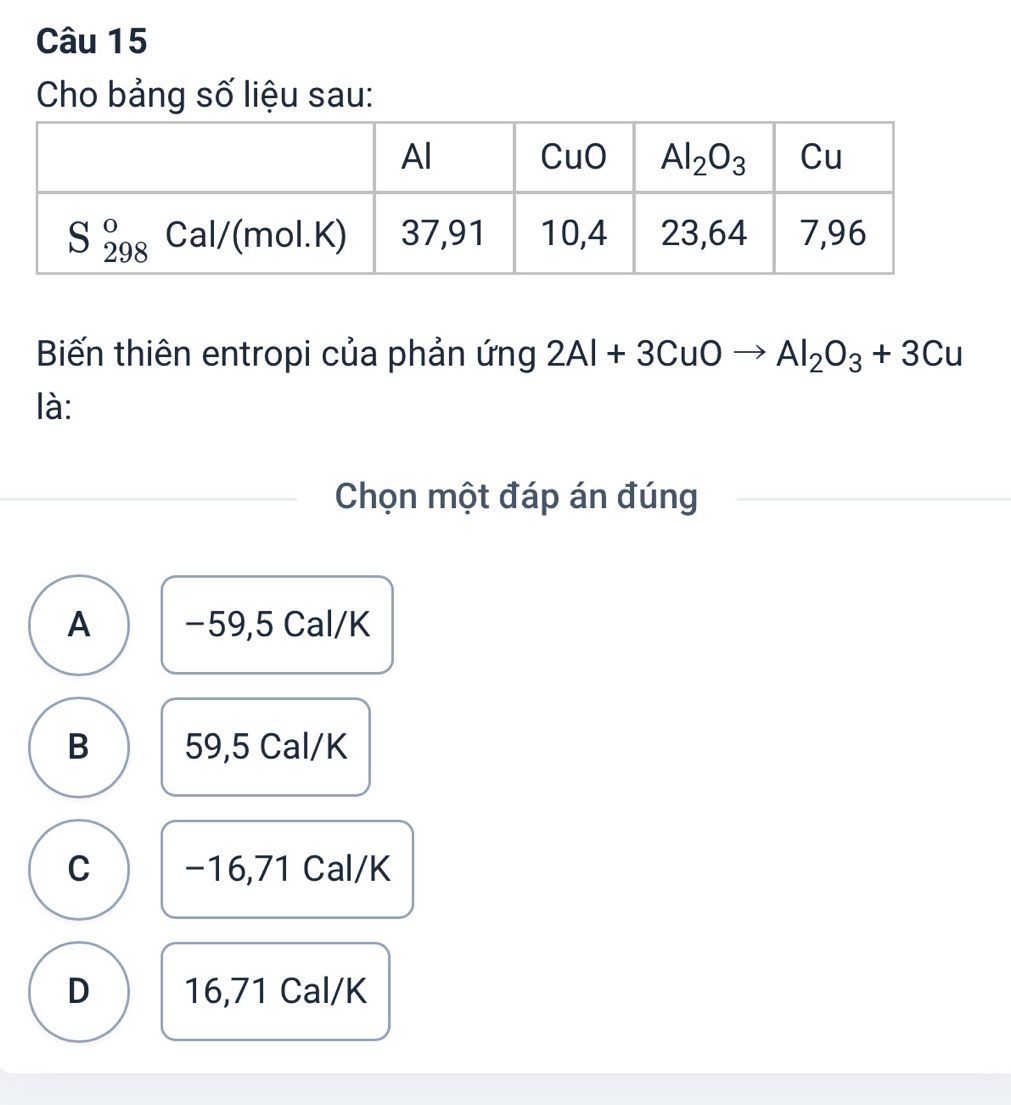 Cho bảng số liệu sau:
Biến thiên entropi của phản ứng 2Al+3CuOto Al_2O_3+3Cu
là:
Chọn một đáp án đúng
A −59,5 Cal/K
B 59,5 Cal/K
C −16,71 Cal/K
D 16,71 Cal/K