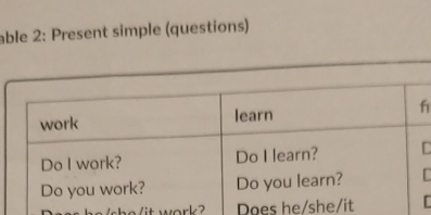 able 2: Present simple (questions) 
h 
D 
[ 
he/sho/it work? Does he/s[