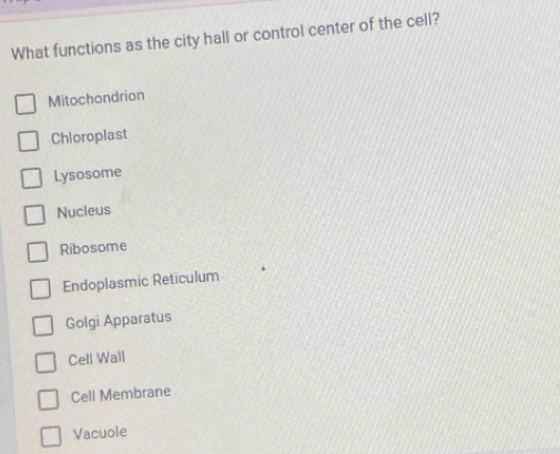 What functions as the city hall or control center of the cell?
Mitochondrion
Chioroplast
Lysosome
Nucleus
Ribosome
Endoplasmic Reticulum
Golgi Apparatus
Cell Wail
Cell Membrane
Vacuole