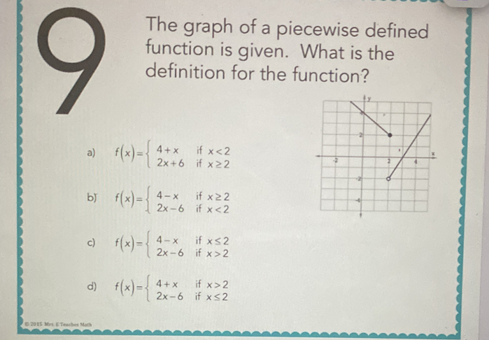 The graph of a piecewise defined
function is given. What is the
definition for the function?
a) f(x)=beginarrayl 4+xifx<2 2x+6ifx≥ 2endarray.
bǐ f(x)=beginarrayl 4-xifx≥ 2 2x-6ifx<2endarray.
c) f(x)=beginarrayl 4-xifx≤ 2 2x-6ifx>2endarray.
d) f(x)=beginarrayl 4+xifx>2 2x-6ifx≤ 2endarray.