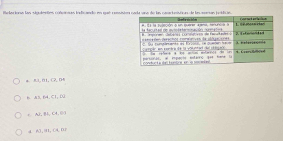 Relaciona las siguientes columnas indicando en qué consisten cada una de las características de las aormas juridicas.
a. A3, B1, C2, D4
b. A3, B4, C1, D2
c. A2, B1, C4, D3
d. A3, B1, C4, D2