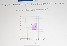 Shape X is translated by 3 units to the right and 1 unit down 
What are the coordinates of A' ? 
、